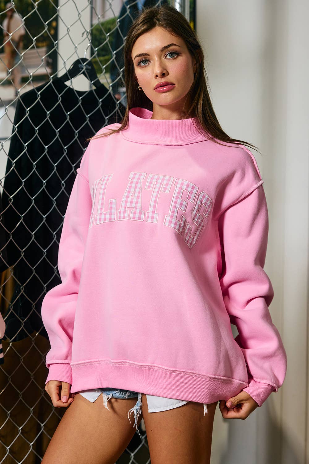 IT2594E-PILATES2  Embroidered "PILATES" Mock Neck Sweatshirt