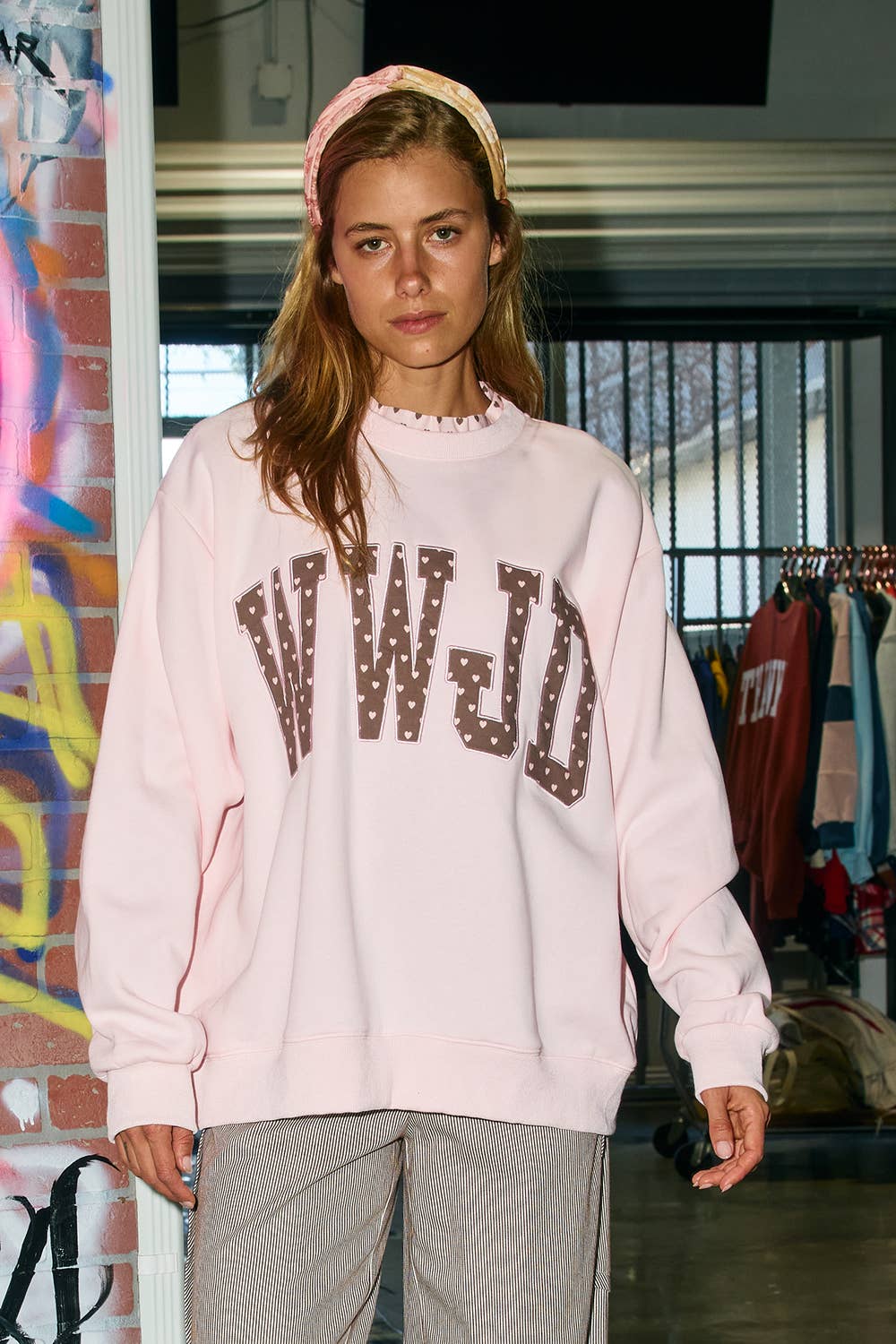 IT3080-WWJD | 'WWJD' Heart Printed Mock-Ruffle Sweatshirt