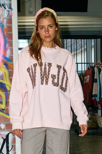 IT3080-WWJD | 'WWJD' Heart Printed Mock-Ruffle Sweatshirt