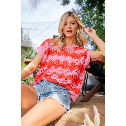 ALTERNATING FLORAL CROCHET KNIT DROP SHOULDER TOP