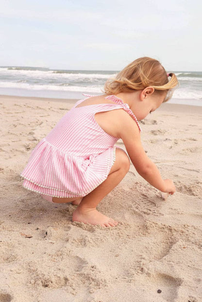 Tiered Skirt with White Pom Trim | Seersucker Dusty Pink Wholesale (2)