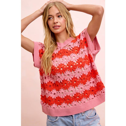 ALTERNATING FLORAL CROCHET KNIT DROP SHOULDER TOP