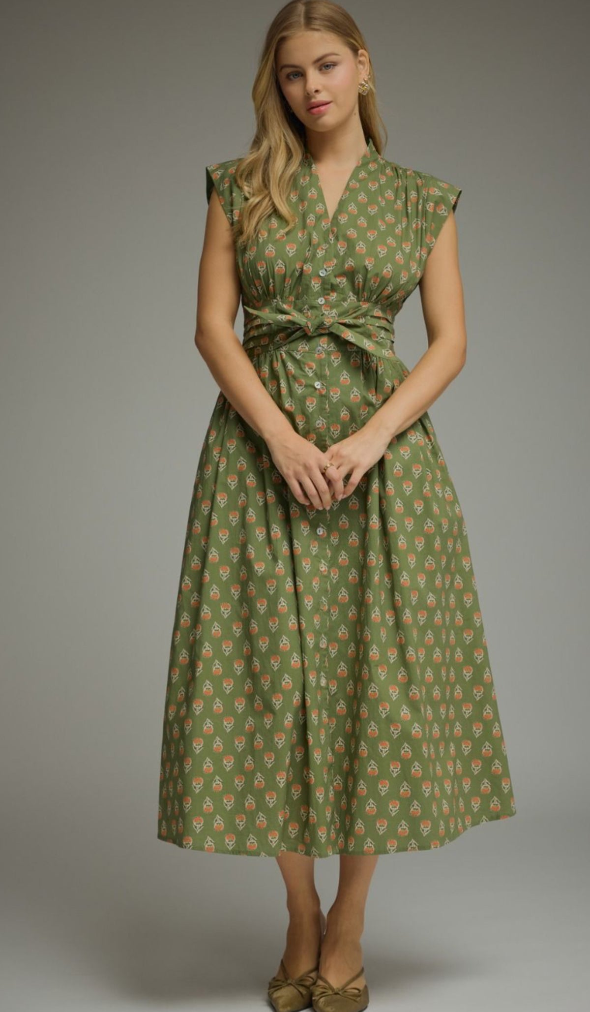 Printed Olive Midi Dress