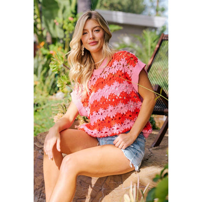 ALTERNATING FLORAL CROCHET KNIT DROP SHOULDER TOP