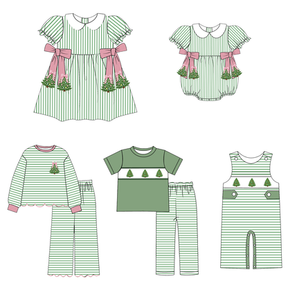 Green Stripe Christmas Tree Embroidery Sibling Matching Outfits Collection