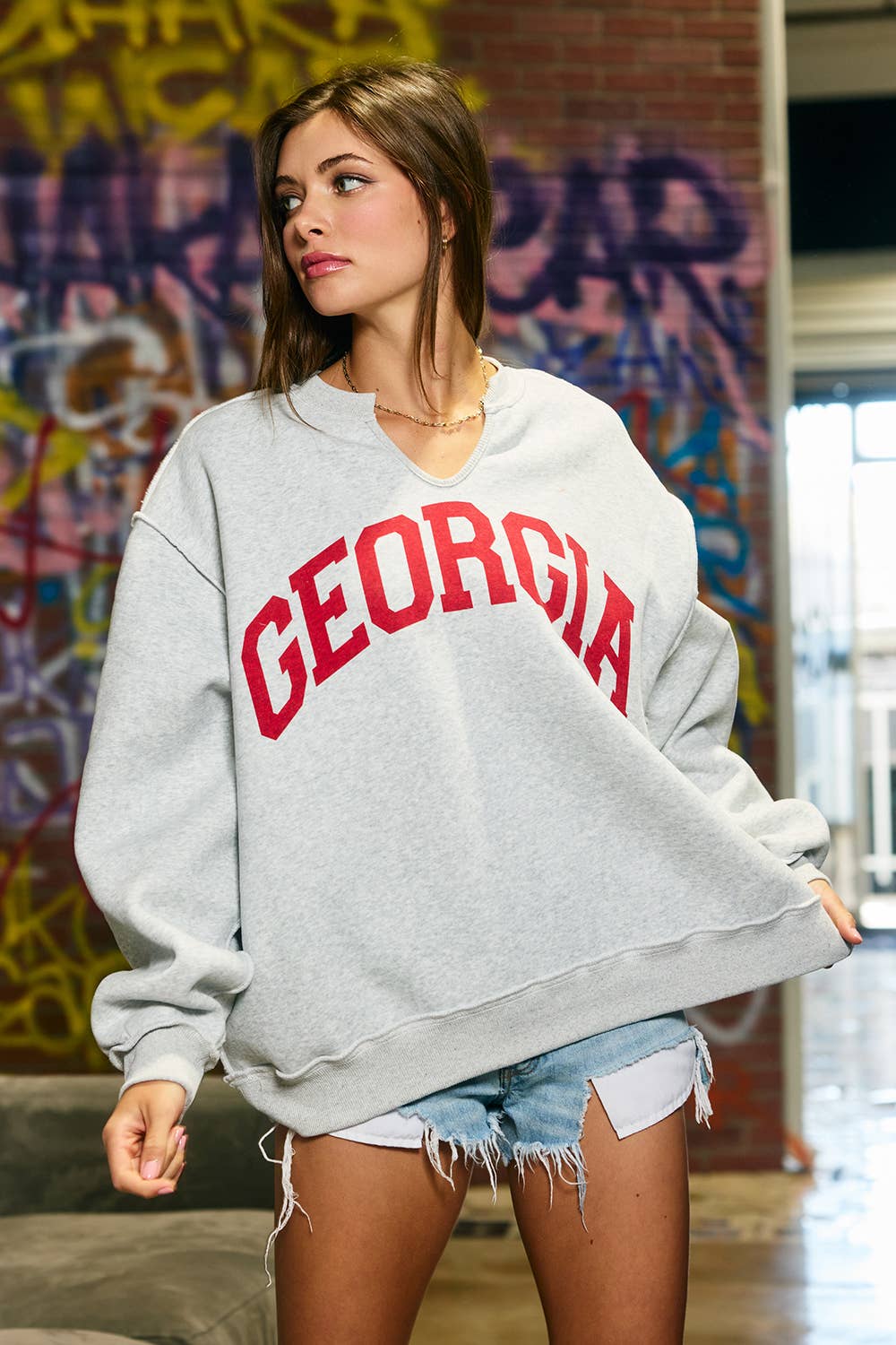 'Georgia' Split-Neck Terry Sweatshirt