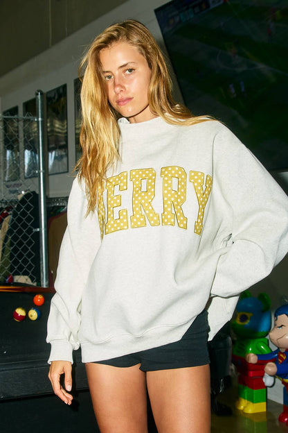 IT2594E-MERRY2 | 'MERRY' Embroidered Mock Neck Sweatshirt