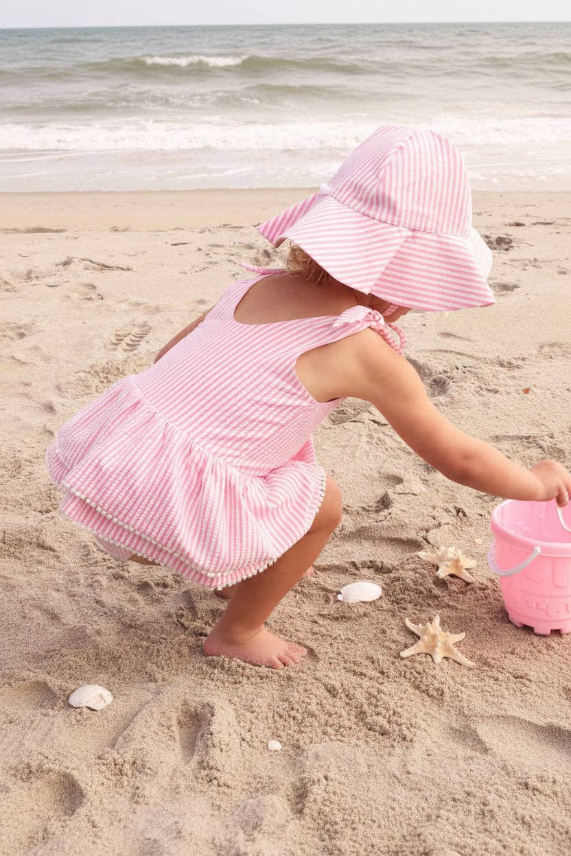 Tiered Skirt with White Pom Trim | Seersucker Dusty Pink Wholesale (2)