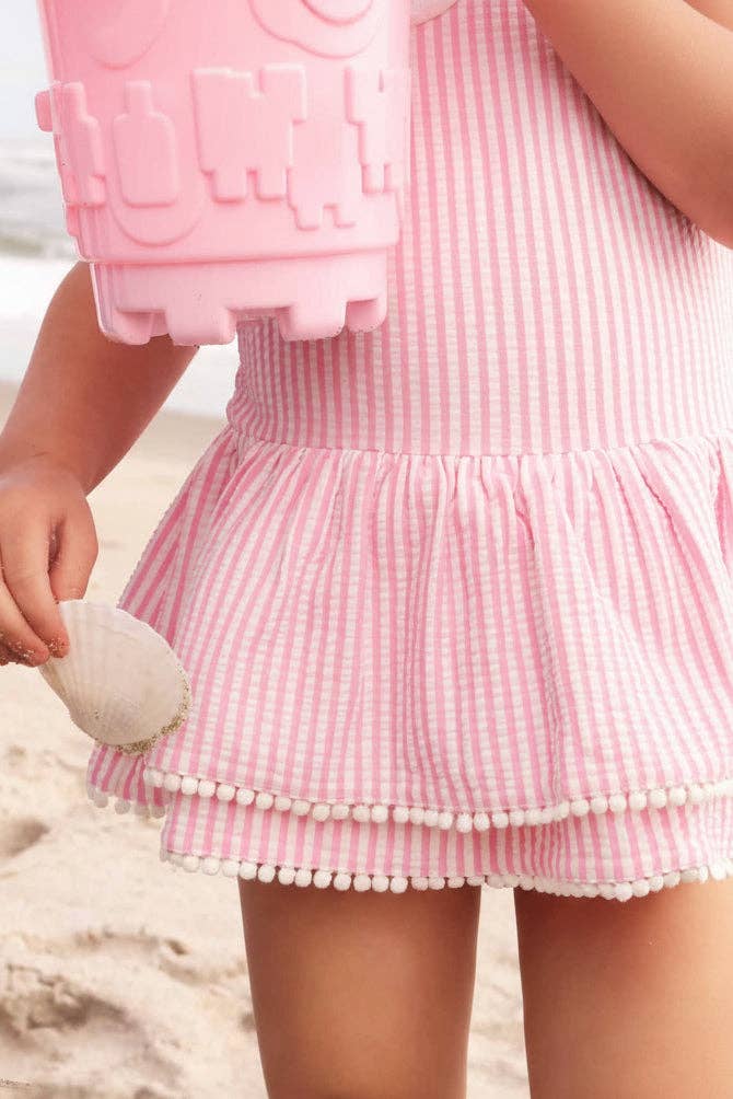 Tiered Skirt with White Pom Trim | Seersucker Dusty Pink Wholesale (2)