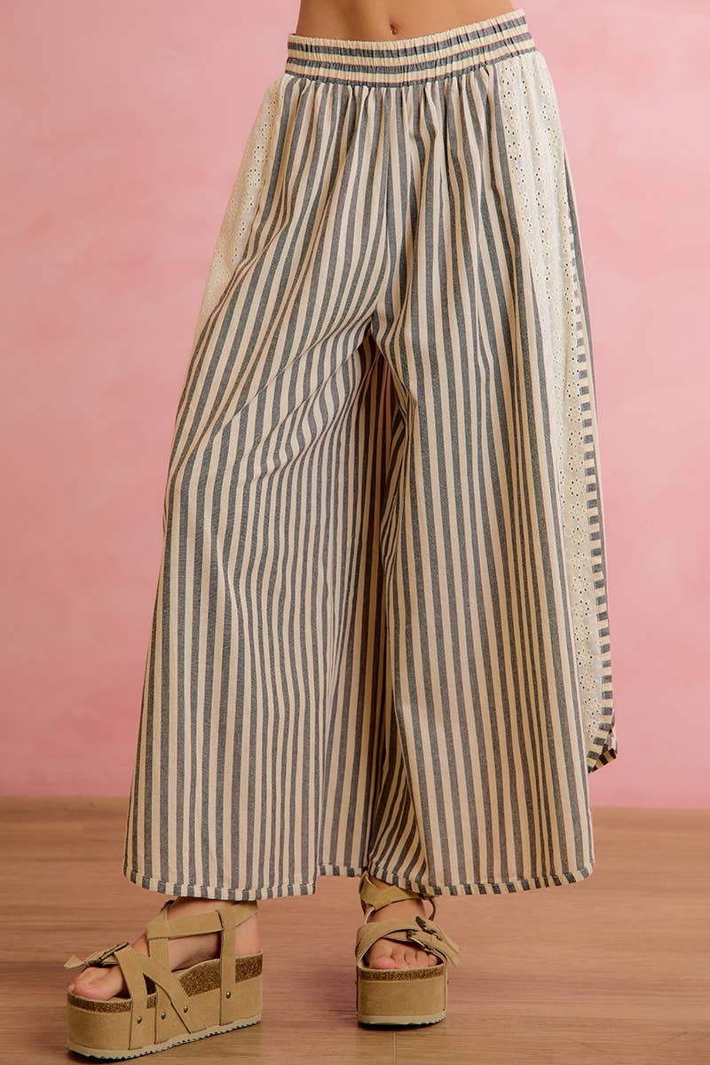BLACK FLORAL EYELET SIDE ELASTIC STRIPES WIDE LEG PANTS