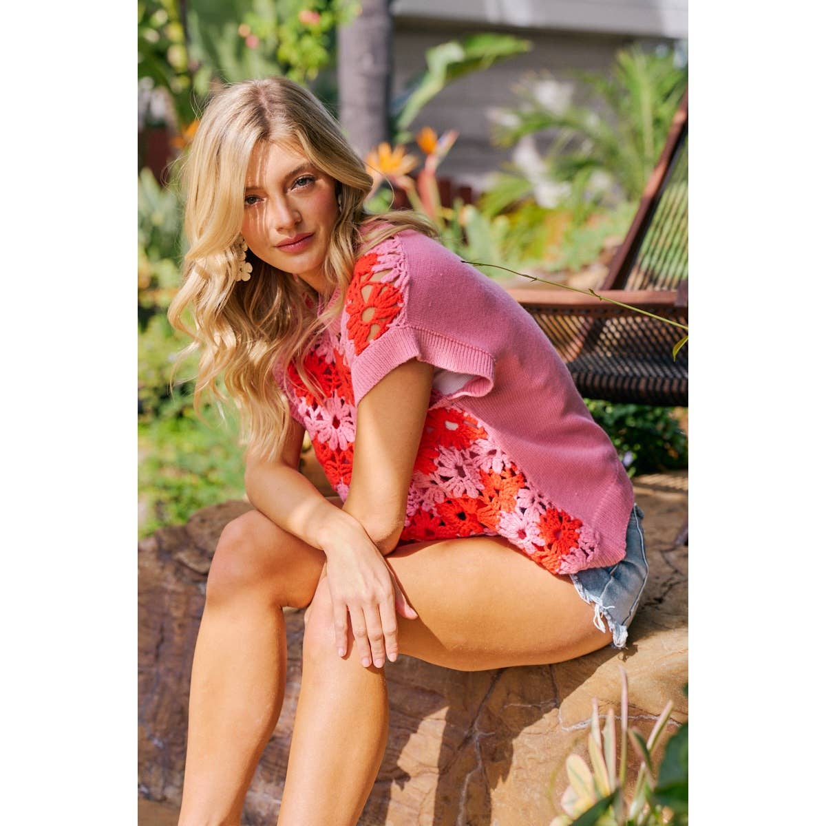 ALTERNATING FLORAL CROCHET KNIT DROP SHOULDER TOP