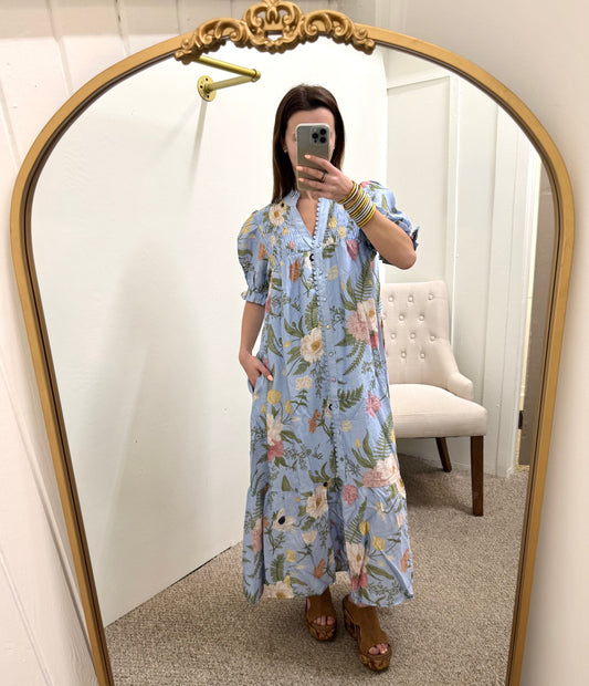 Floral Smocked Button-Front Midi Dress