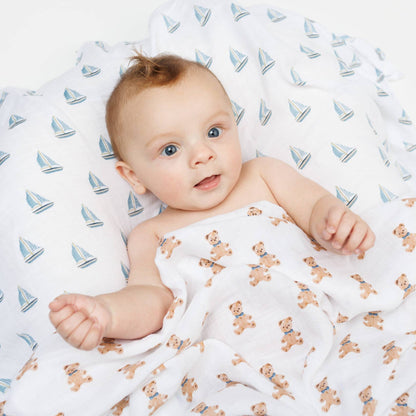 Lulujo Cotton Swaddles - Vintage Teddy Bears & Sailboats 2PK