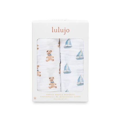 Lulujo Cotton Swaddles - Vintage Teddy Bears & Sailboats 2PK