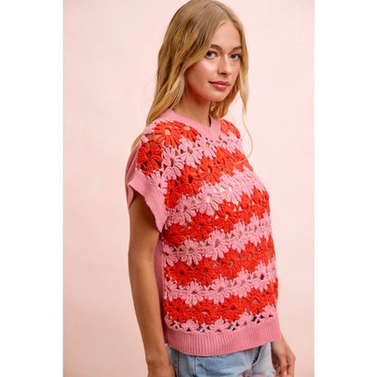 ALTERNATING FLORAL CROCHET KNIT DROP SHOULDER TOP