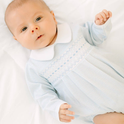 Benjamin Smocked Long Sleeve Bubble - Light Blue