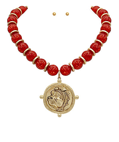 GA Bulldog Face & Bead Necklace Set