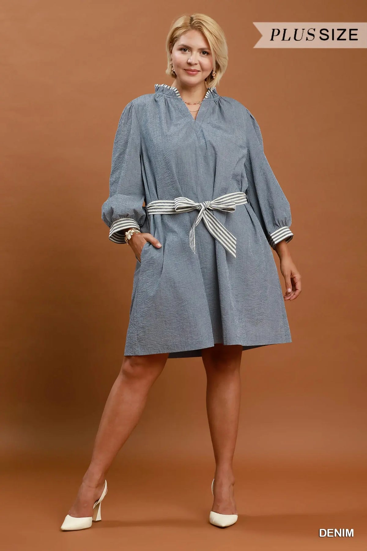 Trim Tie Waist Mini Dress Plus