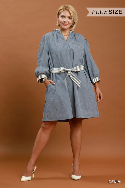 Trim Tie Waist Mini Dress Plus