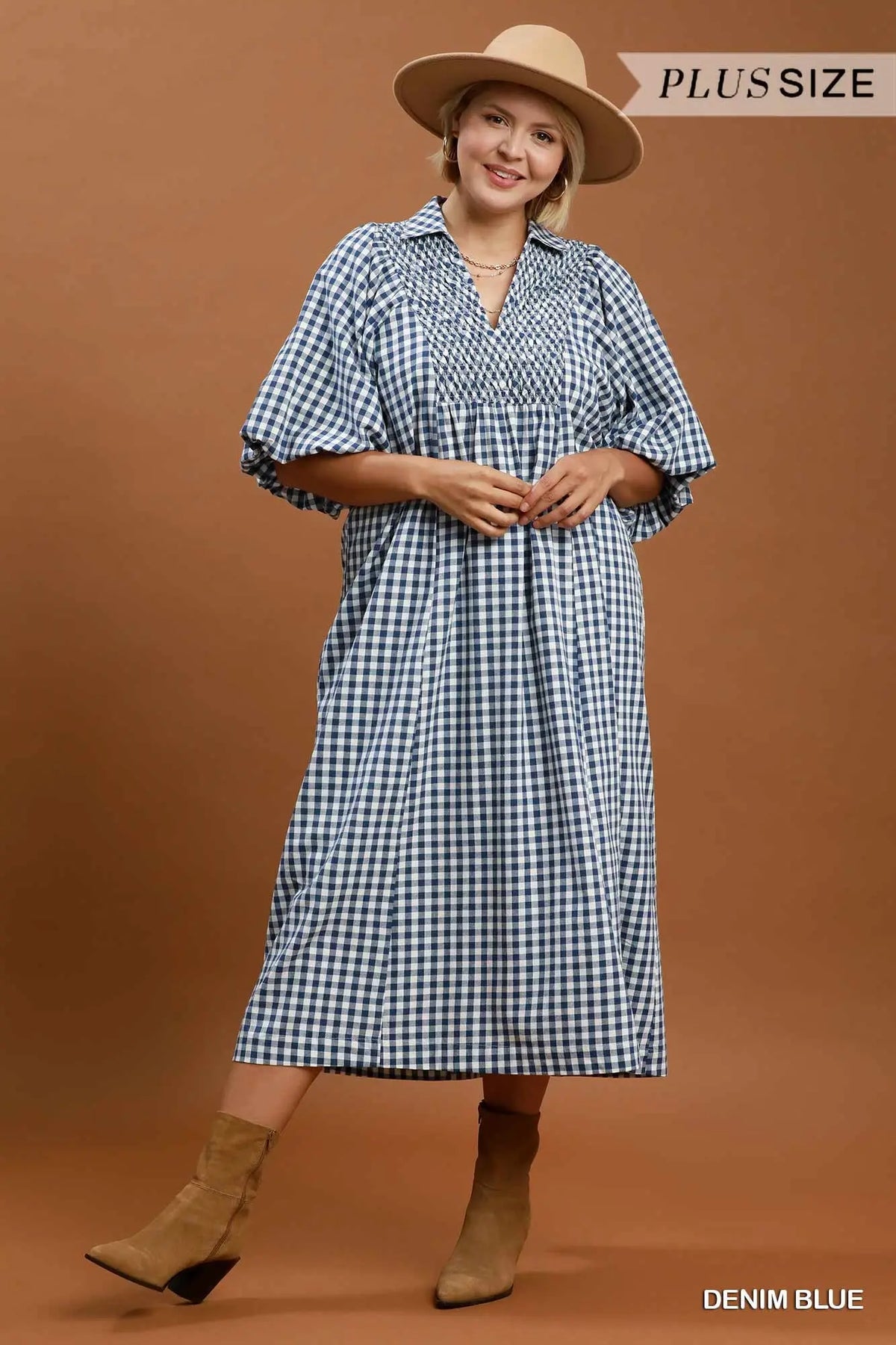 Puff Sleeve Plaid Midi Dress Plus