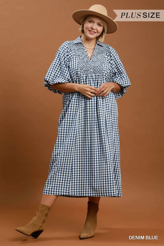 Puff Sleeve Plaid Midi Dress Plus