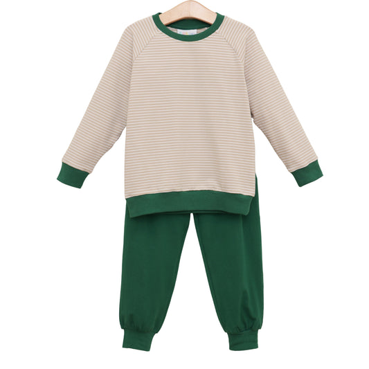 Jellybean Fall - Connor Jogger Set Tan Stripe/Hunter Green