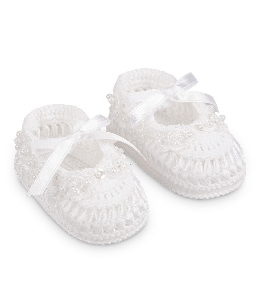 Pearl Ribbon Crochet Bootie 1 Pair