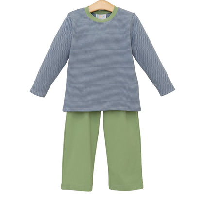 Jellybean Fall - Thomas Pant Set Dusty Blue Stripe & Sage