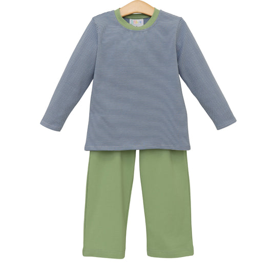 Jellybean Fall - Thomas Pant Set Dusty Blue Stripe & Sage