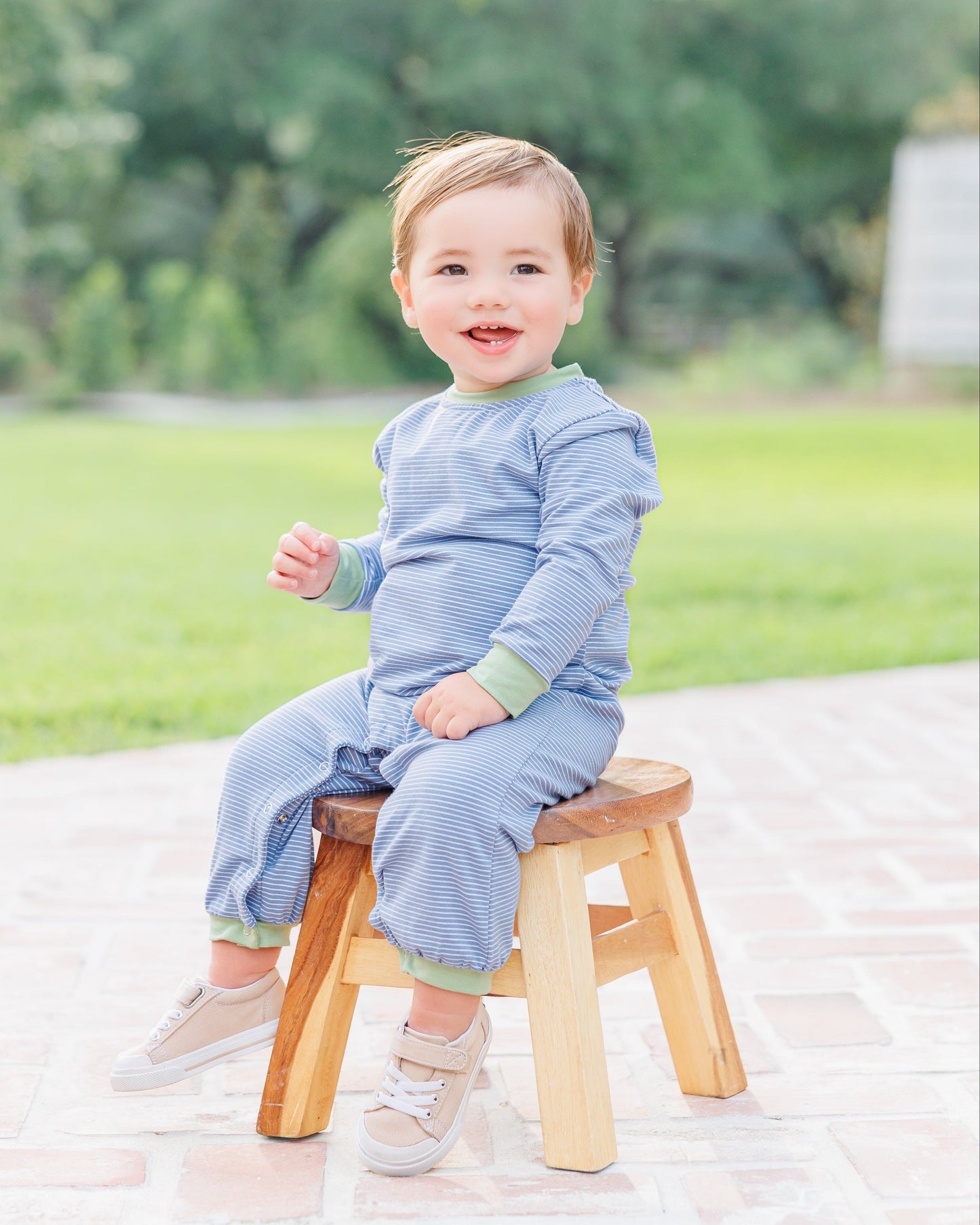 Jellybean Fall - Thomas Romper Dusty Blue Stripe & Sage