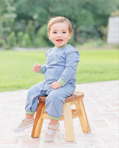 Jellybean Fall - Thomas Romper Dusty Blue Stripe & Sage