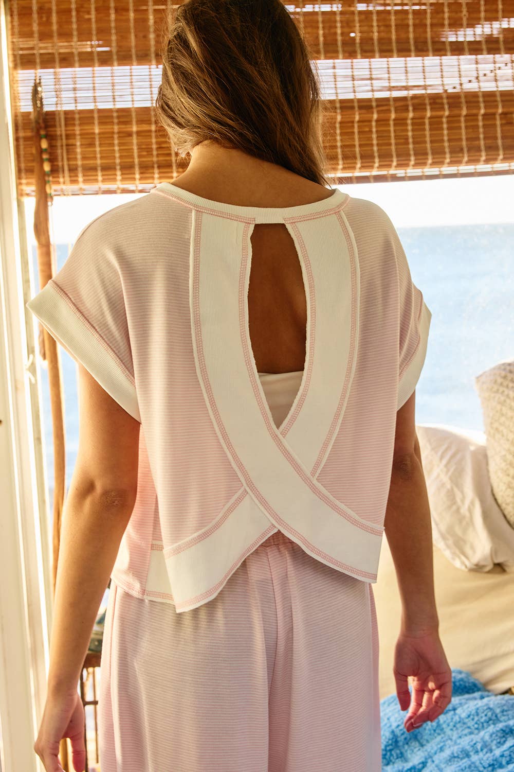 T2177-1B | Overlap Open Back Reverse Stitch Stripe Crop Top