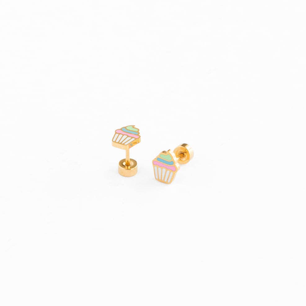 Rainbow Cupcake Stud Earrings - Hypoallergenic, Girl Gift