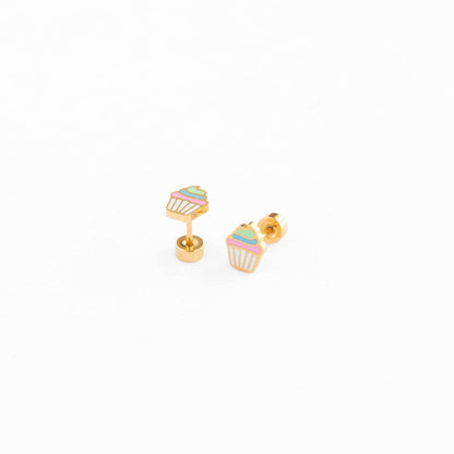 Rainbow Cupcake Stud Earrings - Hypoallergenic, Girl Gift