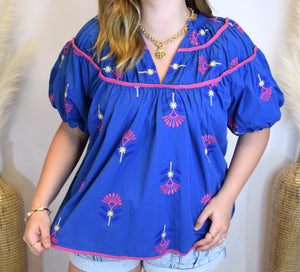 Blue Floral Embroidered Top