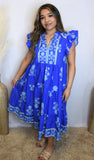 Blue Pleated Midi Dress