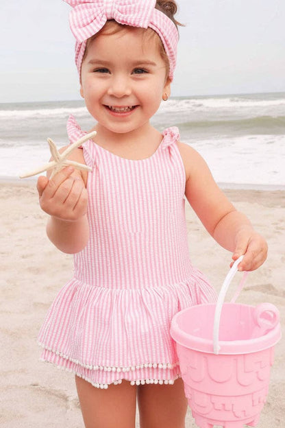 Tiered Skirt with White Pom Trim | Seersucker Dusty Pink Wholesale (2)