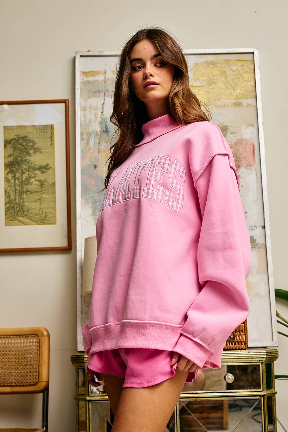 IT2594E-PILATES2  Embroidered "PILATES" Mock Neck Sweatshirt