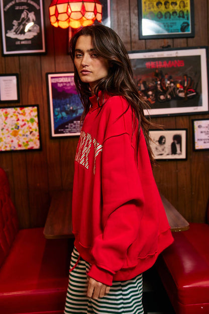IT2594E-MERRY2 | 'MERRY' Embroidered Mock Neck Sweatshirt