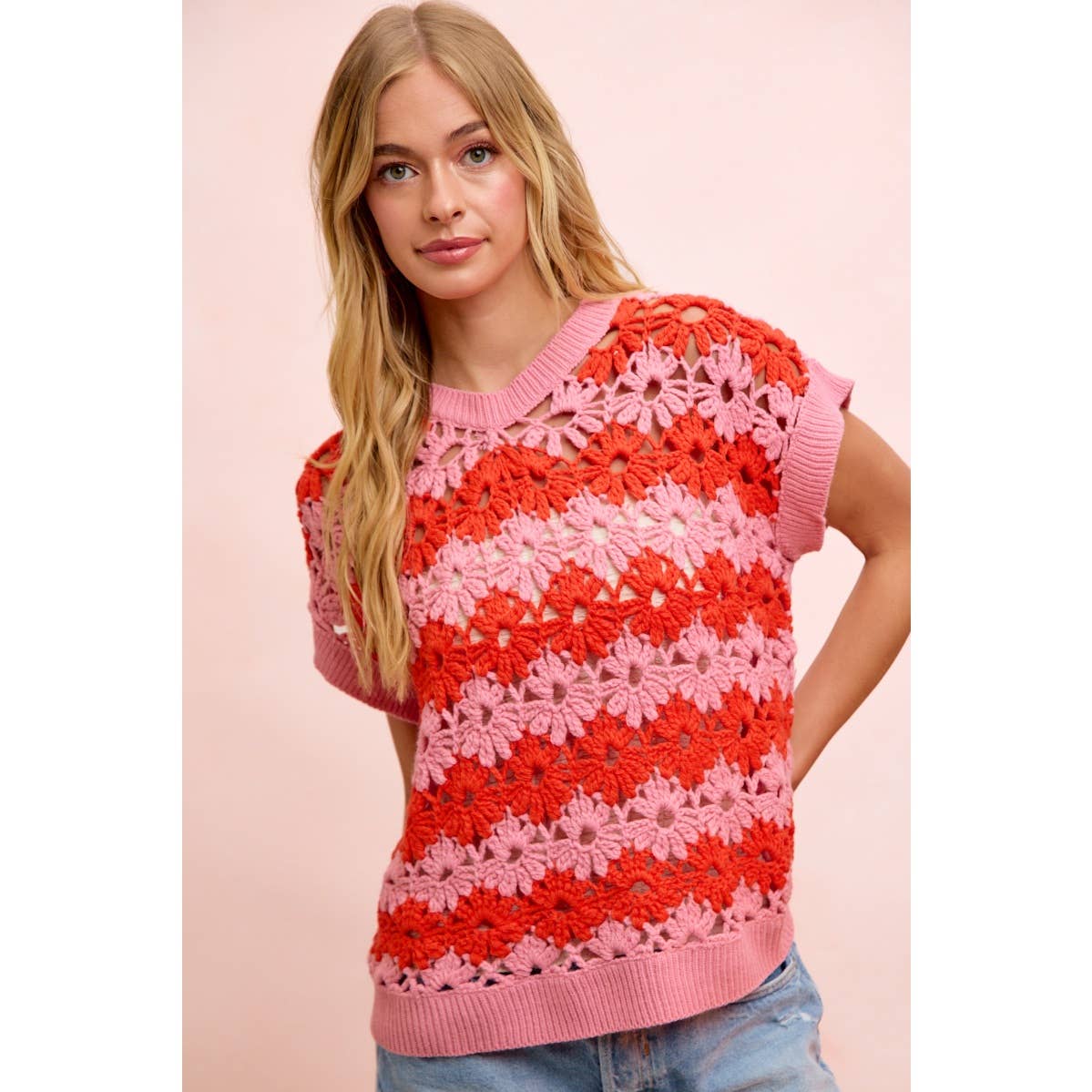 ALTERNATING FLORAL CROCHET KNIT DROP SHOULDER TOP