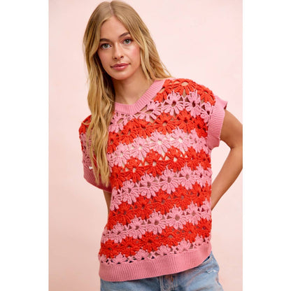 ALTERNATING FLORAL CROCHET KNIT DROP SHOULDER TOP