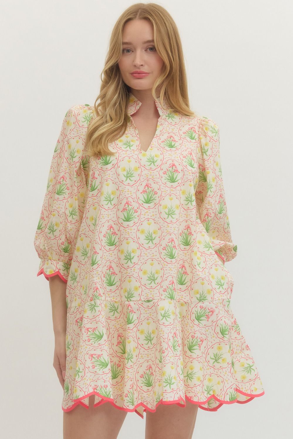 Botanical print puff sleeve mini dress