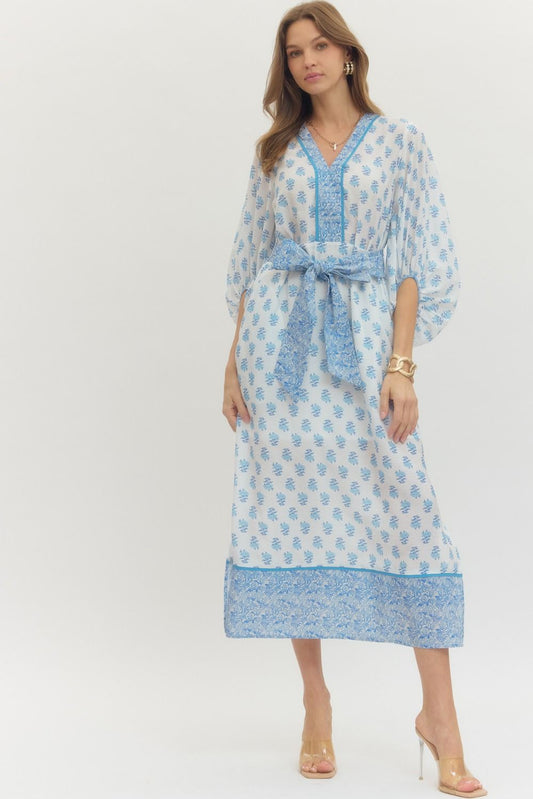 Ivory Blue Floral print sleeve midi dress