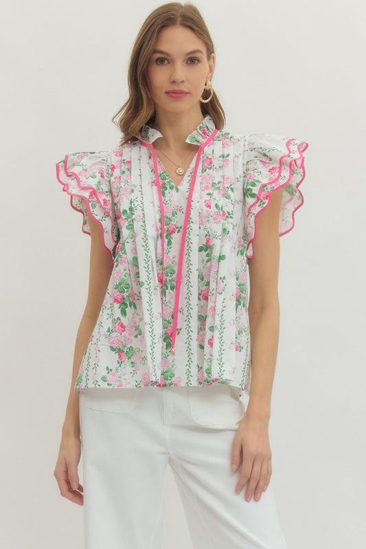 Floral print tiered flutter sleeve top