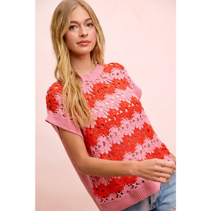 ALTERNATING FLORAL CROCHET KNIT DROP SHOULDER TOP