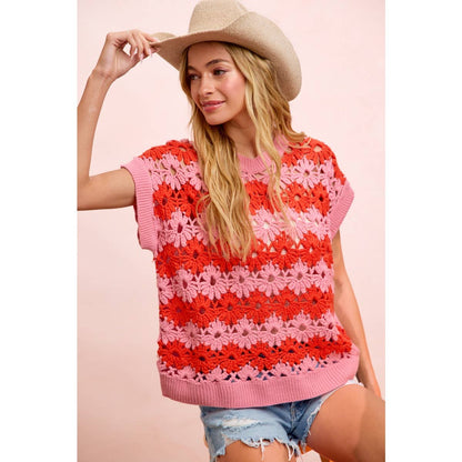 ALTERNATING FLORAL CROCHET KNIT DROP SHOULDER TOP