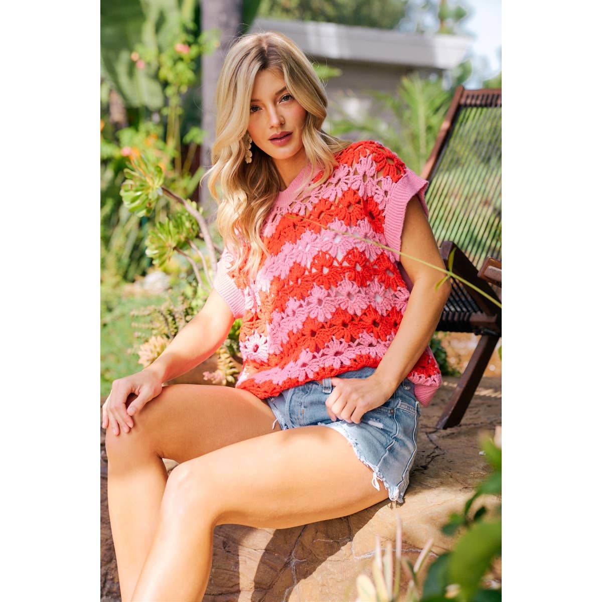 ALTERNATING FLORAL CROCHET KNIT DROP SHOULDER TOP