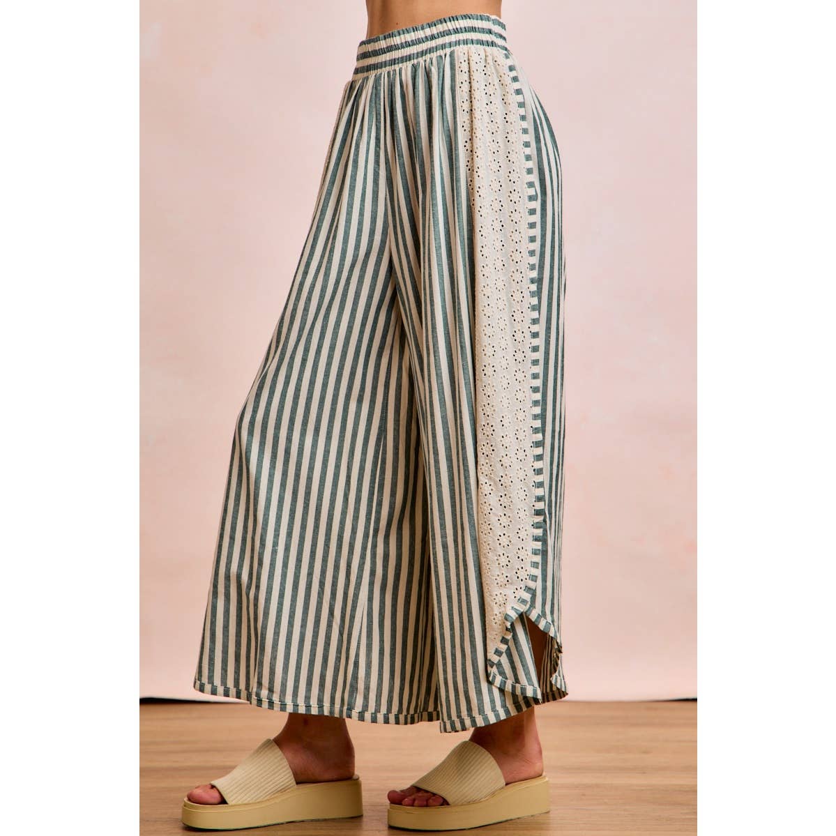 BLACK FLORAL EYELET SIDE ELASTIC STRIPES WIDE LEG PANTS