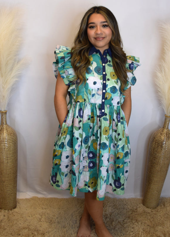 Jade Mix Button Down Mini Dress - C4553