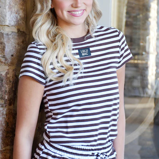 STRIPE BABY DOLL TOP SS-BROWN